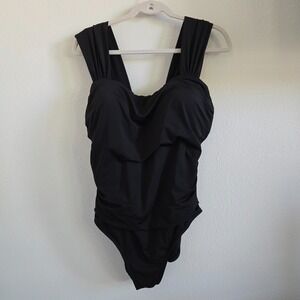 Jantzen Sz 14 Womens One Piece Swimsuit Black Ruched Side Wide Straps Minimalist